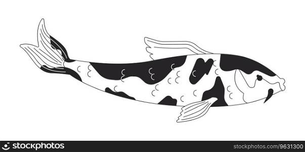 Spotted carp koi black and white 2D line cartoon character. Oriental fish for japanese pond, watergarden isolated vector outline animal. Nishikigoi inside aquarium monochromatic flat spot illustration. Spotted carp koi black and white 2D line cartoon character