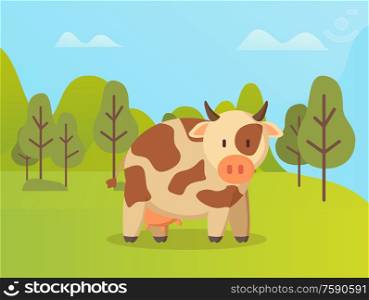 Spotted cow standing on green grass vector cartoon animal on background of green trees. Vector beef in spring forest, cute childish kine neat outdoors. Spotted Cow Standing on Green Grass Vector Animal