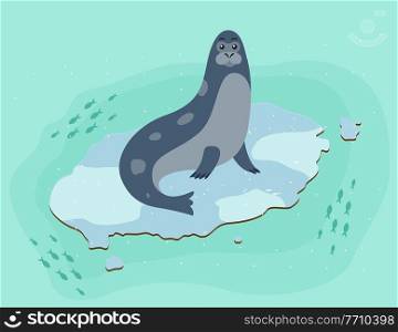 Spotted seal isolated on a blue background. The sea animal is sitting on an ice floe. Fish swim in the water around the animal. Seal cartoon vector illustration. Antarctica landscape and fauna. Seal isolated on a blue background. Sea animal sitting on an ice floe surrounded by fishes