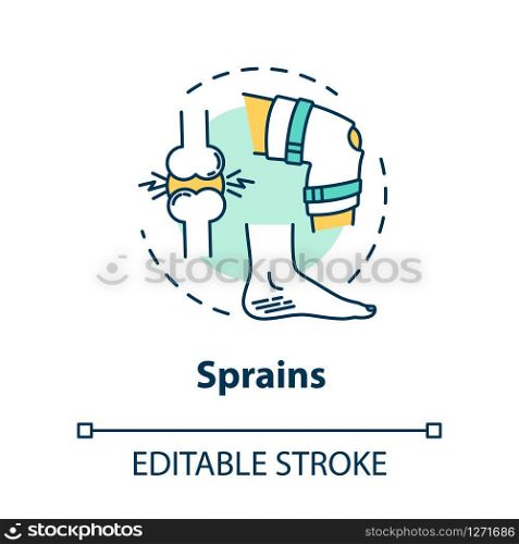 Sprains, muscle injury, trauma concept icon. Orthopedics, traumatism, sprained knee and ankle tendons idea thin line illustration. Vector isolated outline RGB color drawing. Editable stroke