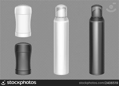 Spray and deodorant stick packaging mockup. Vector realistic set of 3d blank white and black containers of dry antiperspirant and aerosol bottles with clear caps. Spray and deodorant stick packaging mockup