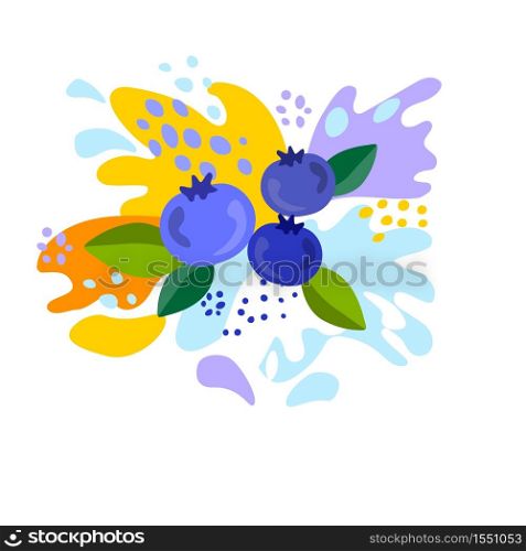 Spray and drop, the movement of the liquid, blueberries, splash of juice and yogurt, drops and stains. Abstract vector illustrations