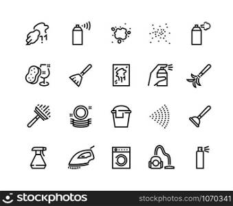 Spray black icons. Hand with spray, disinfectant, deodorant and perfumes, outline cleaning symbols. Vector isolated template thin cleaning signs for hotel or office staff with vacuum cleaner. Spray black icons. Hand with spray, disinfectant, deodorant and perfumes, outline cleaning symbols. Vector isolated template