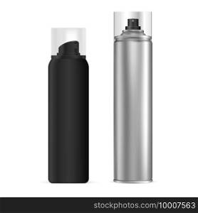 Spray bottle. Aerosol spray can, hairspray mockup aluminum blank. Cylinder tube, air freshener design. Cosmetic sprayer container, 3d package template with transparent cap. Toilet refresher, mist odor. Spray bottle. Aerosol spray can, hairspray mockup