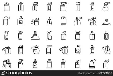 Spray bottle icons set. Outline set of spray bottle vector icons for web design isolated on white background. Spray bottle icons set, outline style