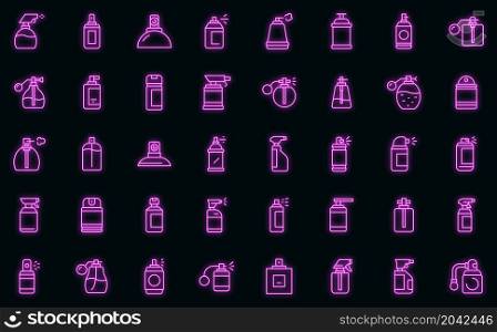 Spray bottle icons set. Outline set of spray bottle vector icons neon color on black. Spray bottle icons set vector neon