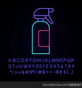 Spray bottle neon light icon. Dump sprayer for hair. Hairdressing instrument. Professional hairstyling. Hairstylist accessory. Glowing sign with alphabet, numbers, symbol. Vector isolated illustration