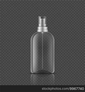 Spray bottle. Realistic empty package, 3D tube from glass or plastic and lid with atomizer. Packaging for cosmetic products and medical antiseptic on transparent background. Vector cylinder container. Spray bottle. Realistic empty package, 3D tube from glass or plastic and lid with atomizer. Packaging for cosmetic products and antiseptic on transparent background. Vector container