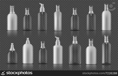 Spray bottle. Sanitizer gel for hands hygiene, corona virus prevention concept, cosmetic bottle with pump. Vector illustration mock up plastic spray container on transparent background. Spray bottle. Sanitizer gel for hands hygiene, corona virus prevention concept, cosmetic bottle with pump. Vector plastic spray container