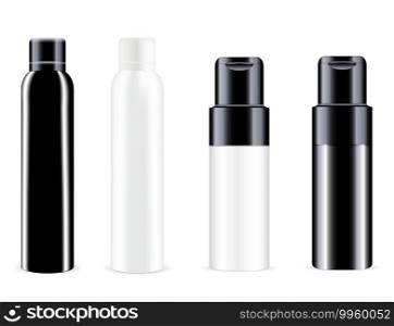 Spray bottle. Vector can, aluminum tin deodorant blank. Cosmetic spray container mockup. Realistic aluminium freshener tube mock up. Round refresher package. Toilet odor or antiperspirant. Spray bottle. Vector can, aluminum tin deodorant