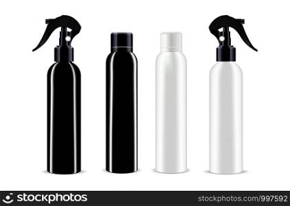 Spray bottles in black and white colour. Different sprayer lids. Cosmetic bottles mockup set. EPS10 vector illustration.. Spray bottle in black and white colour. Cosmetic