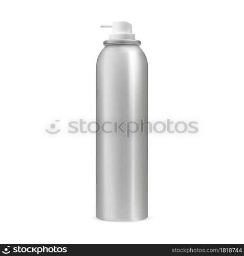 Spray can. Aerosol bottle vector blank, silver container. Aluminum cylinder freshener tube. Realistic cosmetic paint tin, steel template design. Antiperspirant odor refresher illustration. Spray can. Aerosol bottle vector blank, silver container