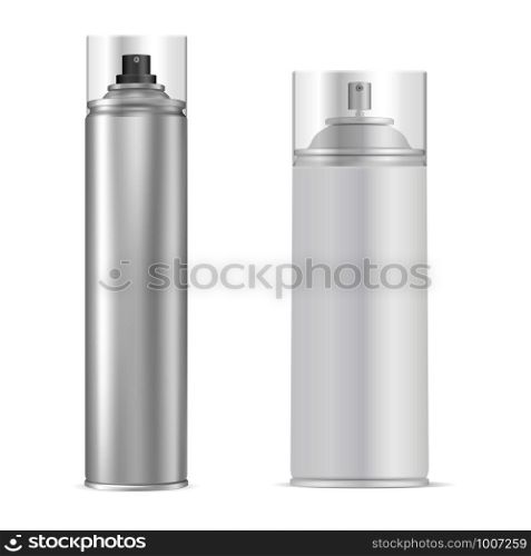 Spray Can. Aluminum Aerosol Tube. Vector Bottle. Antiperspirant or Hairspray Packaging Template. Cylinder Container for Paint, Graffiti. Shiny Air Freshener Design. Silver Tin Mock Up. Spray Can. Aluminum Aerosol Tube. Vector Bottle