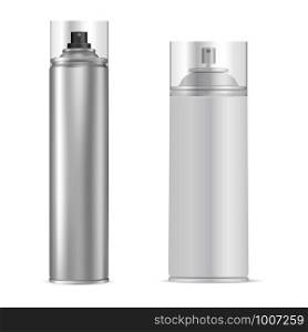 Spray Can. Aluminum Aerosol Tube. Vector Bottle. Antiperspirant or Hairspray Packaging Template. Cylinder Container for Paint, Graffiti. Shiny Air Freshener Design. Silver Tin Mock Up. Spray Can. Aluminum Aerosol Tube. Vector Bottle