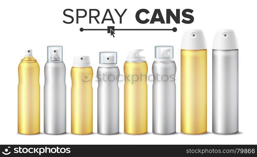 Spray Can Set Vector. Realistic White Cosmetics Bottles Blank Can Spray, Deodorant, Air Freshener. With Lid And Without. 3D Packaging. Mock Up. Isolated Illustration. Spray Can Set Vector. Realistic White Cosmetics Bottles Blank Can Spray, Deodorant, Air Freshener. With Lid And Without. 3D Packaging. Mock Up. Isolated