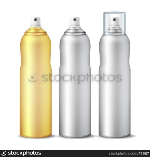 Spray Can Vector. Clean 3D Bottle Can Spray. Branding Design. Deodorant With Lid And Without. Isolated Illustration. Realistic Cosmetic Spray Can Vector. Aluminium Can Template Blank. Different Deodorant Types. 3D packaging. Isolated Illustration