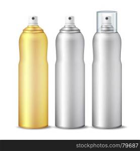 Spray Can Vector. Clean 3D Bottle Can Spray. Branding Design. Deodorant With Lid And Without. Isolated Illustration. Realistic Cosmetic Spray Can Vector. Aluminium Can Template Blank. Different Deodorant Types. 3D packaging. Isolated Illustration