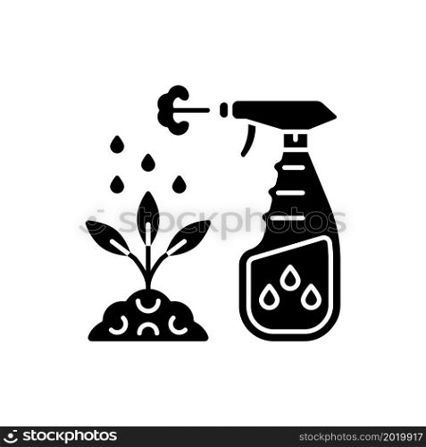 Spray fertilizer black glyph icon. Liquid substance for plant leaves. Foliar supplement. Pesticide spraying. Nourish additive. Silhouette symbol on white space. Vector isolated illustration. Spray fertilizer black glyph icon