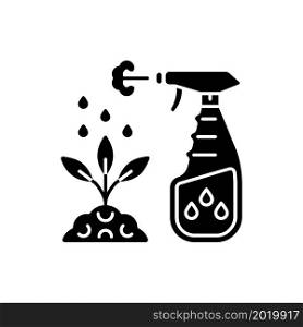 Spray fertilizer black glyph icon. Liquid substance for plant leaves. Foliar supplement. Pesticide spraying. Nourish additive. Silhouette symbol on white space. Vector isolated illustration. Spray fertilizer black glyph icon
