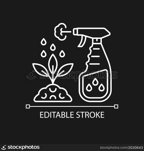 Spray fertilizer linear icon for dark theme. Liquid substance for plant leaves. Foliar supplement. Thin line customizable illustration. Isolated vector contour symbol for night mode. Editable stroke. Spray fertilizer linear icon for dark theme