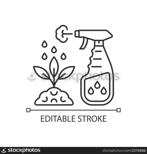 Spray fertilizer linear icon. Liquid substance for plant leaves. Foliar supplement. Thin line customizable illustration. Contour symbol. Vector isolated outline drawing. Editable stroke. Spray fertilizer linear icon