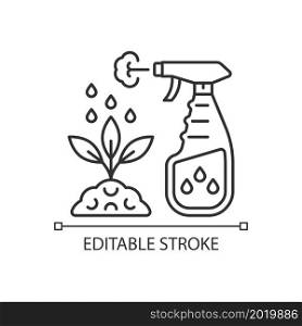 Spray fertilizer linear icon. Liquid substance for plant leaves. Foliar supplement. Thin line customizable illustration. Contour symbol. Vector isolated outline drawing. Editable stroke. Spray fertilizer linear icon