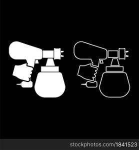 Spray gun holding in hand Sprayer using Arm use tool atomizer pulverizer icon white color vector illustration flat style simple image set. Spray gun holding in hand Sprayer using Arm use tool atomizer pulverizer icon white color vector illustration flat style image set