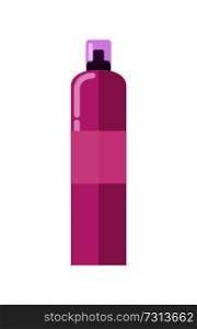 spray in aluminium bottle of purple color, poster with object used by women, cosmetics and skincare, vector illustration isolated on white background. Spray in Aluminium Bottle Poster Vector Illustration