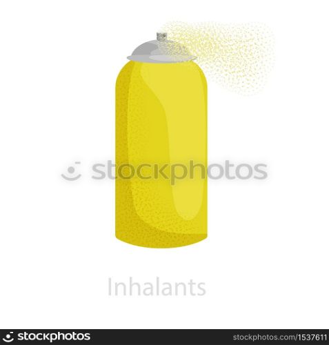 Spray inhaler for inhalation of medical and narcotic substances. Illustration of a spray can of yellow color spraying substance. Design treatment, medical care, therapy. Spray inhaler for inhalation of medical and narcotic substances