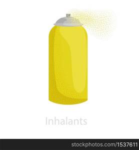 Spray inhaler for inhalation of medical and narcotic substances. Illustration of a spray can of yellow color spraying substance. Design treatment, medical care, therapy. Spray inhaler for inhalation of medical and narcotic substances