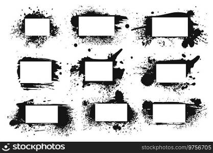 Spray ink frame. Grunge inked black border set, abstract rough texture with splashes and stains of paint, decorative silhouettes with copy space, square and rectangle shapes vector isolated collection. Spray ink frame. Grunge inked black border set, abstract rough texture with splashes and stains of paint, decorative silhouettes with copy space, square and rectangle vector shapes