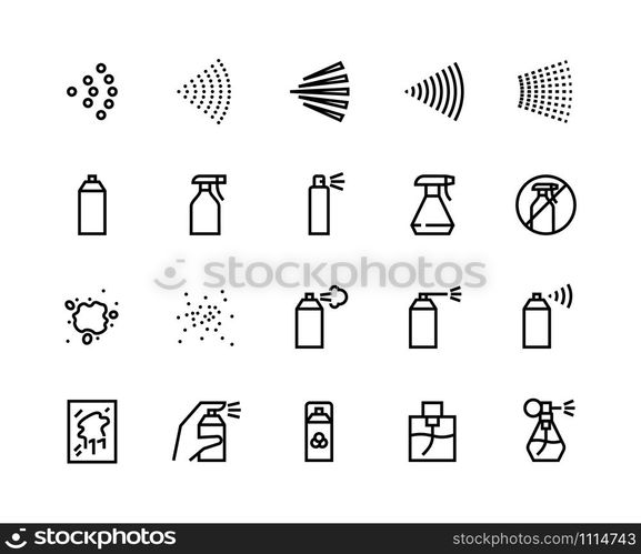 Spray line icons. Can with cleaning aerosol, outline hand with sprayer, disinfectant deodorant and perfumes. Vector isolated set black symbols cans sprayer for cleaning house or pest control. Spray line icons. Can with cleaning aerosol, outline hand with sprayer, disinfectant deodorant and perfumes. Vector isolated set