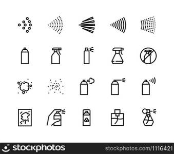 Spray line icons. Can with cleaning aerosol, outline hand with sprayer, disinfectant deodorant and perfumes. Vector isolated set black symbols cans sprayer for cleaning house or pest control. Spray line icons. Can with cleaning aerosol, outline hand with sprayer, disinfectant deodorant and perfumes. Vector isolated set