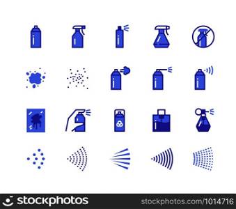 Spray line icons. Cleaning and painting spray flat symbols for labels and logos, spray cans deodorant and perfume. Vector isolated illustration hand pulverizer spraying pattern set. Spray line icons. Cleaning and painting spray symbols for labels and logos, spray cans deodorant and perfume. Vector isolated set