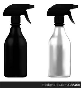 Spray Pistol Cleaner Plastic Bottle White and Black with black head. Isolated bottle set On White Background.. Spray Pistol Cleaner Plastic Bottle White, Black