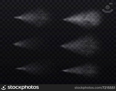 Spray realistic set of isolated detailed granular images of white mist trails on dark transparent background vector illustration. Realistic Spray Mist Collection