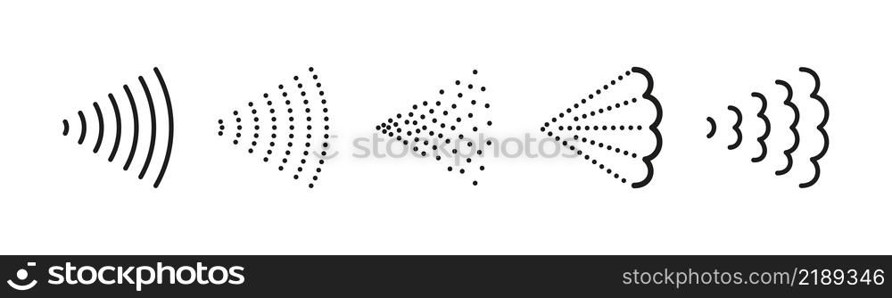 Spray steam icons for water, perfume, paint or deodorant. Scatter gas or aerosol haze. Spray symbols. Steam nozzle flows. Set of vector illustrations isolated on white background.. Spray steam icons for water, perfume, paint or deodorant. Scatter gas or aerosol haze. Spray symbols. Steam nozzle flows. Set of vector illustrations isolated on white background