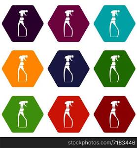Sprayer bottle icon set many color hexahedron isolated on white vector illustration. Sprayer bottle icon set color hexahedron