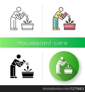 Spraying plants icon. Misting. Moisturizing, rehydrating, moistening. Houseplant care. Plant growing, planting. Indoor gardening. Linear black and RGB color styles. Isolated vector illustrations