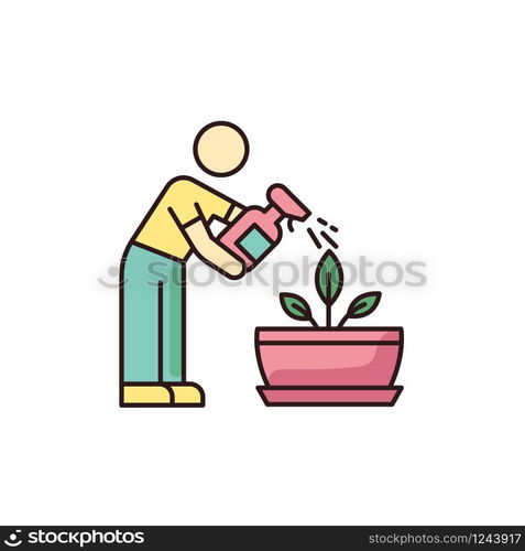 Spraying plants RGB color icon. Misting. Moisturizing, rehydrating, moistening. Houseplant care. Plant growing, planting process. Indoor gardening. Isolated vector illustration