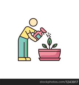 Spraying plants RGB color icon. Misting. Moisturizing, rehydrating, moistening. Houseplant care. Plant growing, planting process. Indoor gardening. Isolated vector illustration