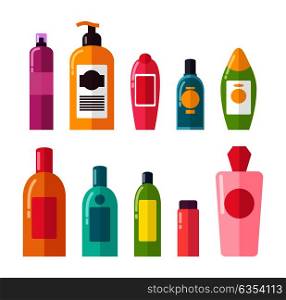 Sprays and shampoos, poster with set of tubes, and containers, gels and essence, good for body, vector illustration, isolated on white background. Sprays and Shampoos Poster Set Vector Illustration