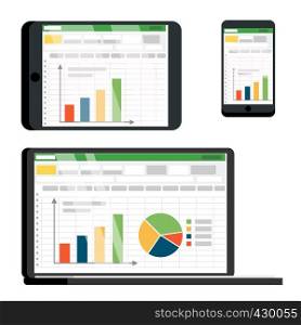 Spreadsheet Table On Tablet, Smartphone Vector Screen Set. Spreadsheet With Infographics, Pie Chart, Diagram. Data Analysis, Analytics, Statistics. Commerce Conversion, Accounting Flat Illustration. Spreadsheet Table On Tablet, Smartphone Vector Screen Set