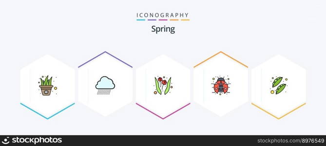 Spring 25 FilledLine icon pack including vegetable. beans. flower. lady bug. insect