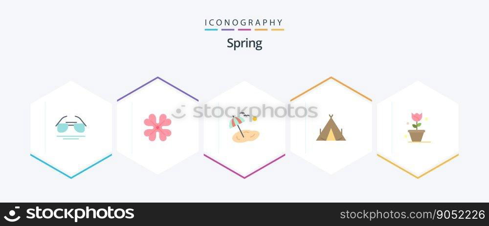 Spring 25 Flat icon pack including floral. spring. beach. wigwam. c&