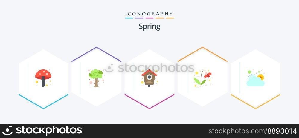 Spring 25 Flat icon pack including weather. cloud. bird house. nature. present