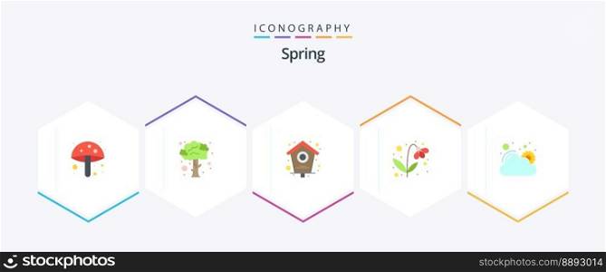 Spring 25 Flat icon pack including weather. cloud. bird house. nature. present