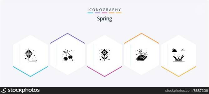 Spring 25 Glyph icon pack including green. grass. summer. growing hand. plant