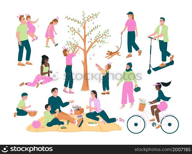 Spring activities semi flat color vector character set. Posing figures. Full body people on white. Easter isolated modern cartoon style illustration for graphic design and animation collection. Spring activities semi flat color vector character set