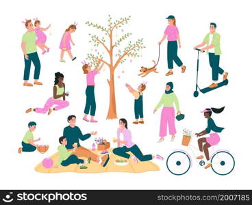 Spring activities semi flat color vector character set. Posing figures. Full body people on white. Easter isolated modern cartoon style illustration for graphic design and animation collection. Spring activities semi flat color vector character set